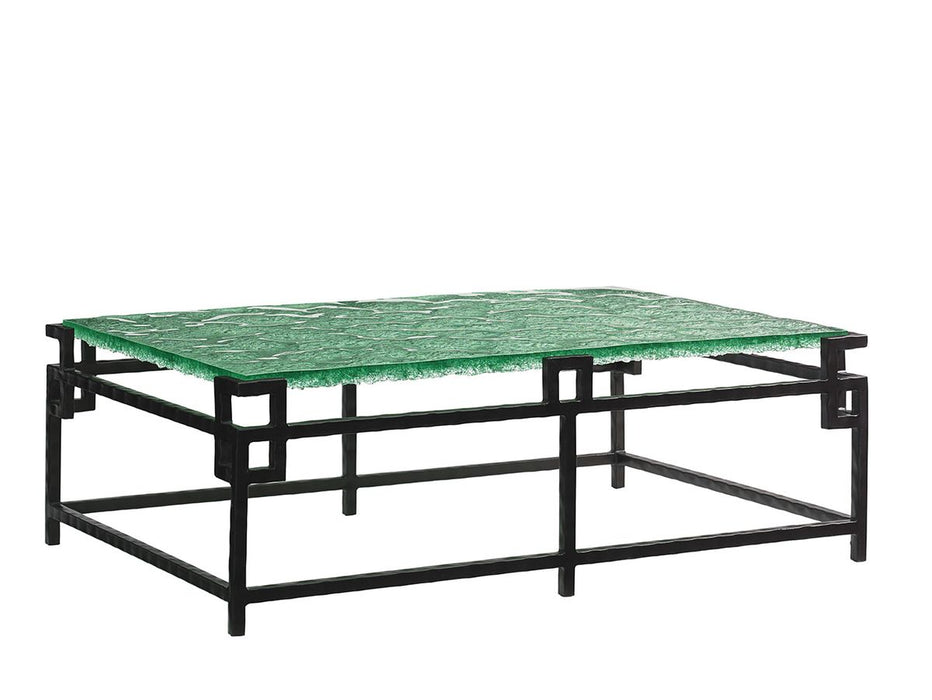 Tommy Bahama Home Island Fusion Hermes Reef Glass Top Cocktail Table in Dark Walnut