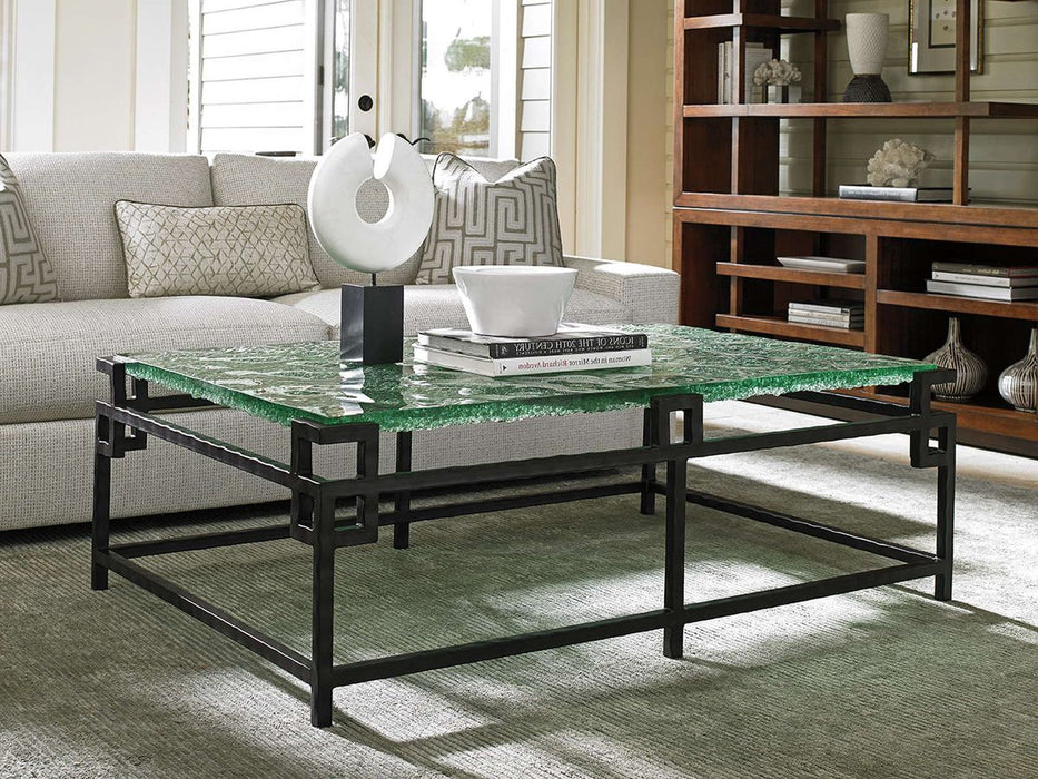 Tommy Bahama Home Island Fusion Hermes Reef Glass Top Cocktail Table in Dark Walnut