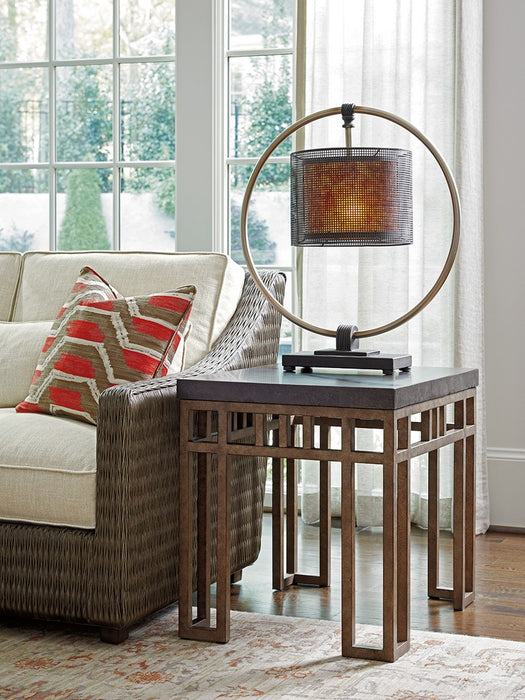 Tommy Bahama Home Cypress Point Montera Travertine End Table in Burnt Sienna