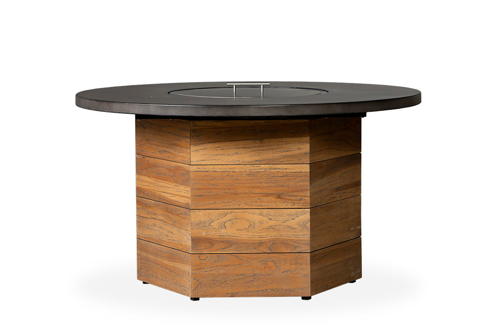 TEAK 48" HEXAGONAL FIRE TABLE W/FAUX CONCRETE TOP