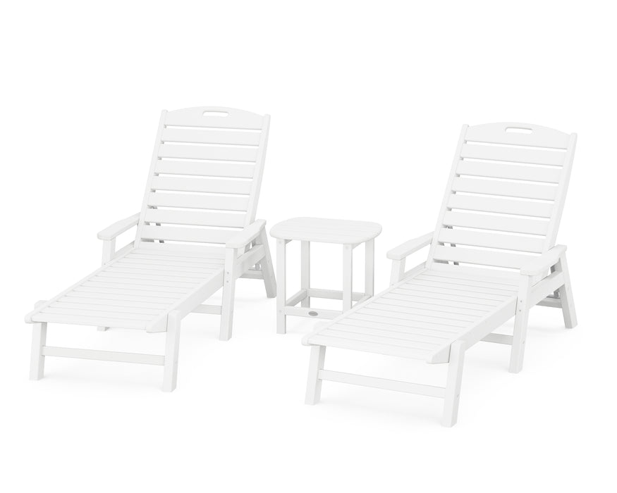 POLYWOOD Nautical 3-Piece Chaise Lounge with Arms Set with South Beach 18" Side Table in White image