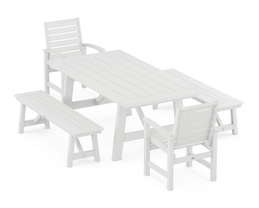 POLYWOOD Signature 5-Piece Rustic Farmhouse Dining Set With Benches in White image