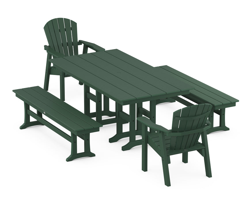 POLYWOOD Seashell 5-Piece Farmhouse Dining Set with Benches in Green image