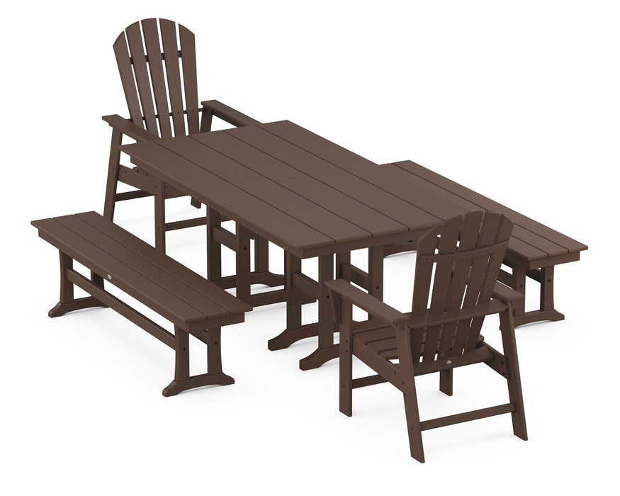 POLYWOOD South Beach 5-Piece Farmhouse Dining Set with Benches in Mahogany image