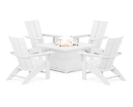 POLYWOOD Modern Curveback Adirondack 5-Piece Conversation Set with Fire Pit Table in White image