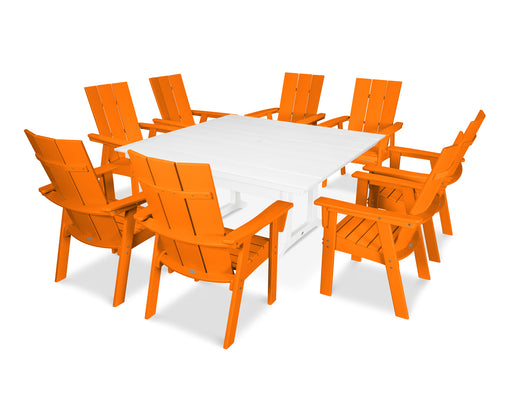 POLYWOOD Modern Curveback Adirondack 9-Piece Farmhouse Trestle Dining Set in Tangerine / White image