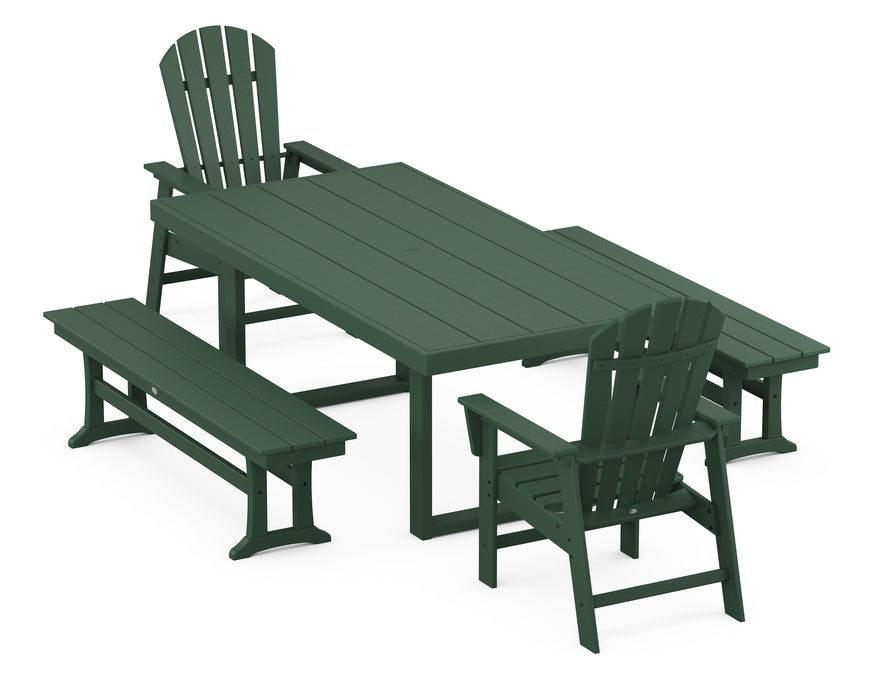 POLYWOOD South Beach 5-Piece Dining Set with Benches in Green