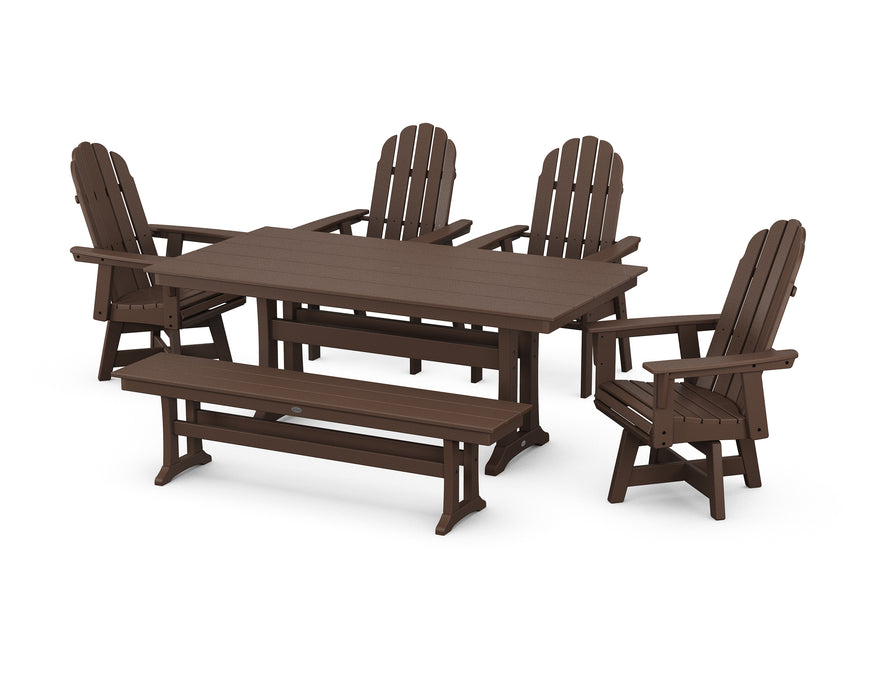 POLYWOOD Vineyard Curveback Adirondack 6-Piece Swivel Chair Farmhouse Dining Set with Trestle Legs and Bench in Mahogany