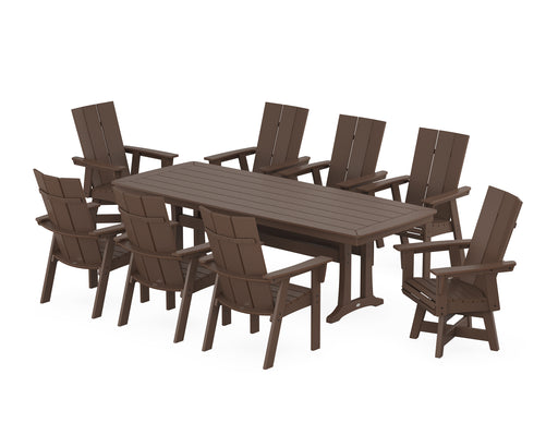 POLYWOOD Modern Curveback Adirondack Swivel 9-Piece Dining Set with Trestle Legs in Mahogany image