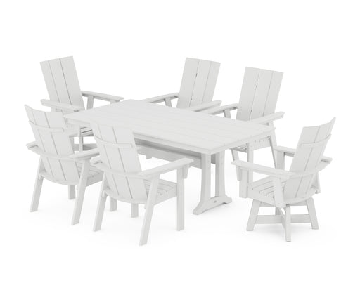 POLYWOOD Modern Curveback Adirondack Swivel Chair 7-Piece Farmhouse Dining Set With Trestle Legs in White image