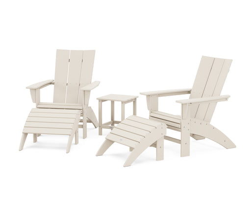 POLYWOOD Modern Curveback Adirondack Chair 5-Piece Set with Ottomans and 18" Side Table in Sand image