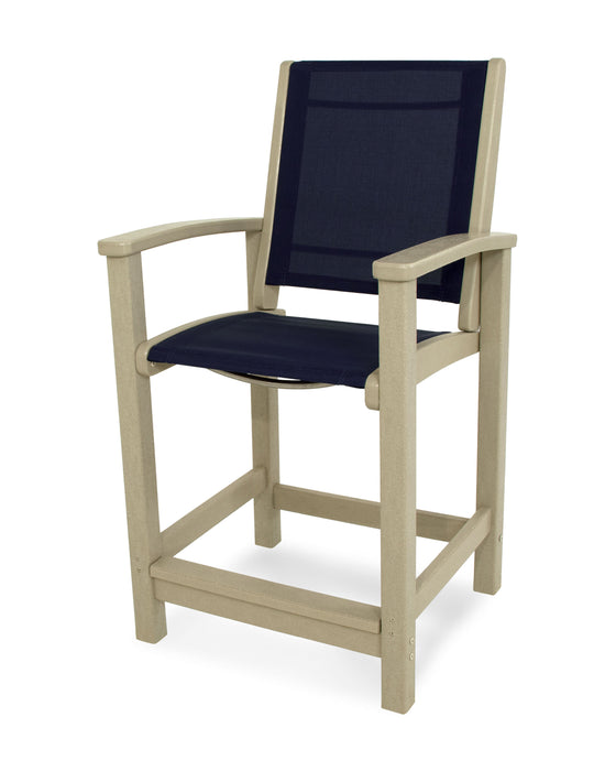 POLYWOOD Coastal Counter Chair in Sand / Navy Blue Sling image