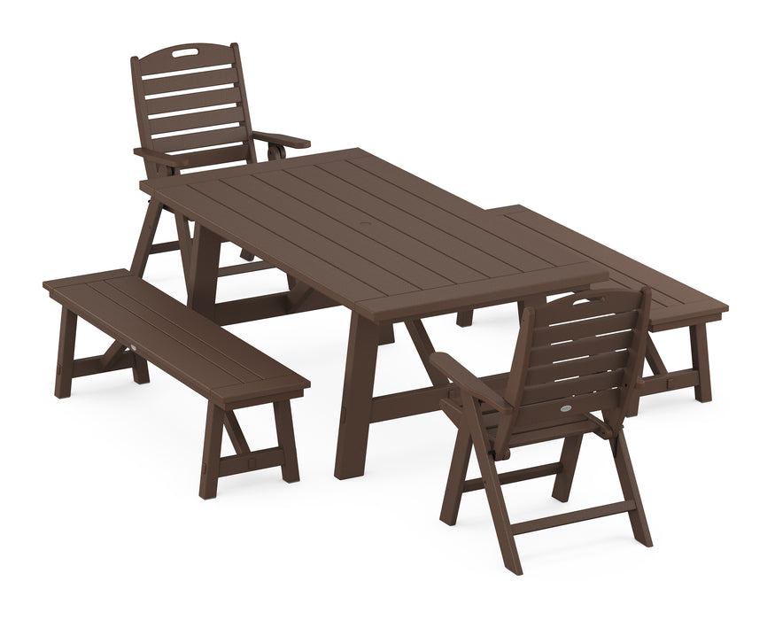 POLYWOOD Nautical Highback Chair 5-Piece Rustic Farmhouse Dining Set With Benches in Mahogany image