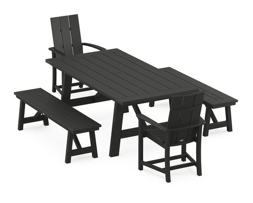 POLYWOOD Modern Adirondack 5-Piece Rustic Farmhouse Dining Set With Benches in Black image