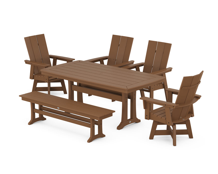 POLYWOOD Modern Curveback Adirondack Swivel Chair 6-Piece Dining Set with Trestle Legs and Bench in Teak image