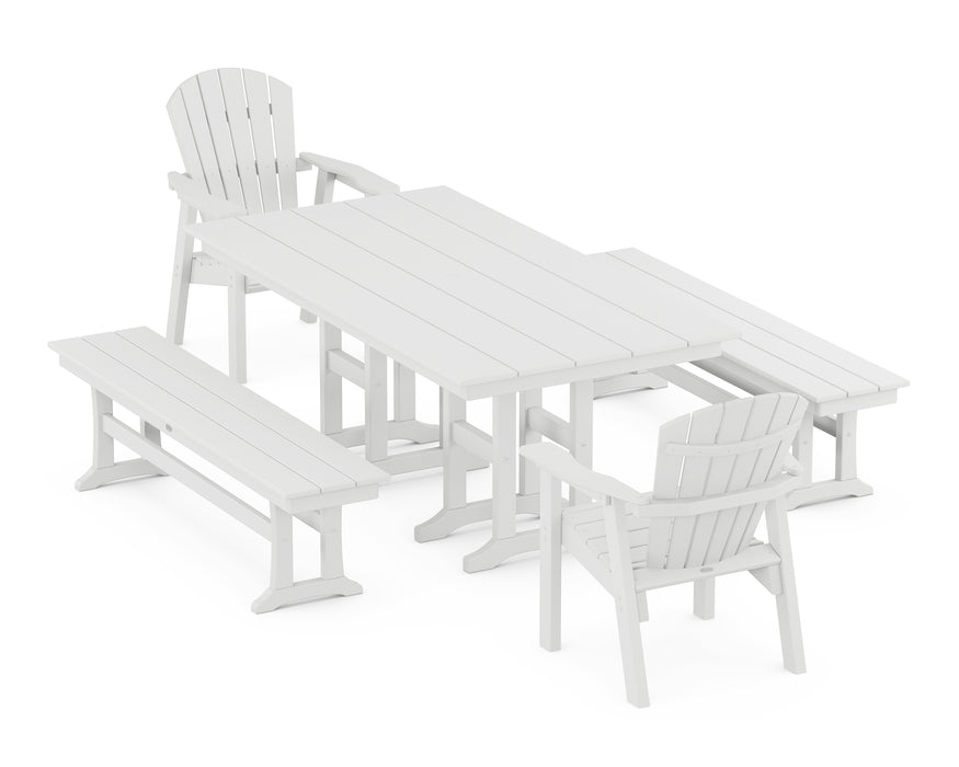 POLYWOOD Seashell 5-Piece Farmhouse Dining Set with Benches in White image