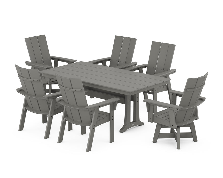 POLYWOOD Modern Curveback Adirondack Swivel Chair 7-Piece Farmhouse Dining Set With Trestle Legs in Slate Grey