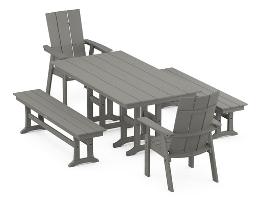 POLYWOOD Modern Curveback Adirondack 5-Piece Farmhouse Dining Set with Benches in Slate Grey image