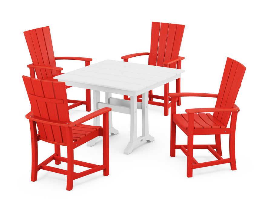 POLYWOOD Quattro 5-Piece Farmhouse Dining Set With Trestle Legs in Sunset Red / White