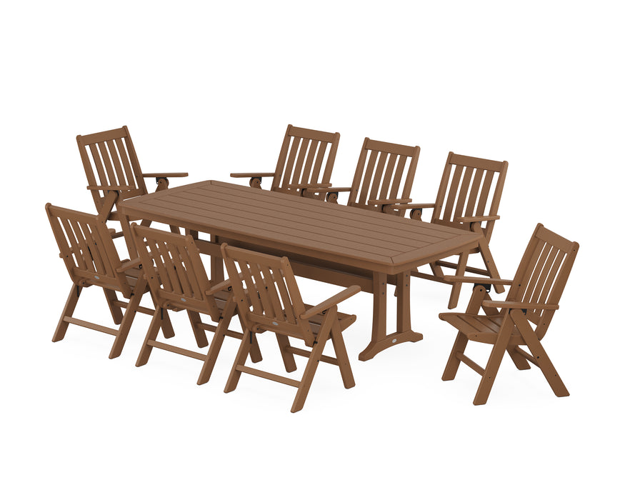 POLYWOOD Vineyard Folding 9-Piece Dining Set with Trestle Legs in Teak