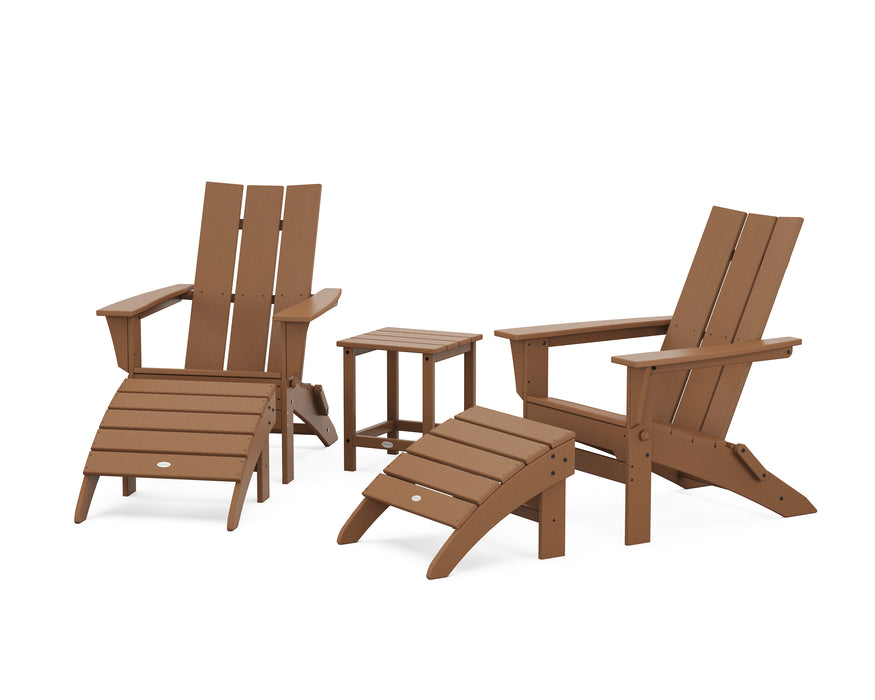 POLYWOOD Modern Folding Adirondack Chair 5-Piece Set with Ottomans and 18" Side Table in Teak image