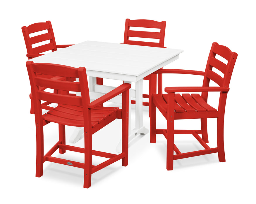 POLYWOOD La Casa Cafe 5-Piece Farmhouse Trestle Arm Chair Dining Set in Sunset Red / White