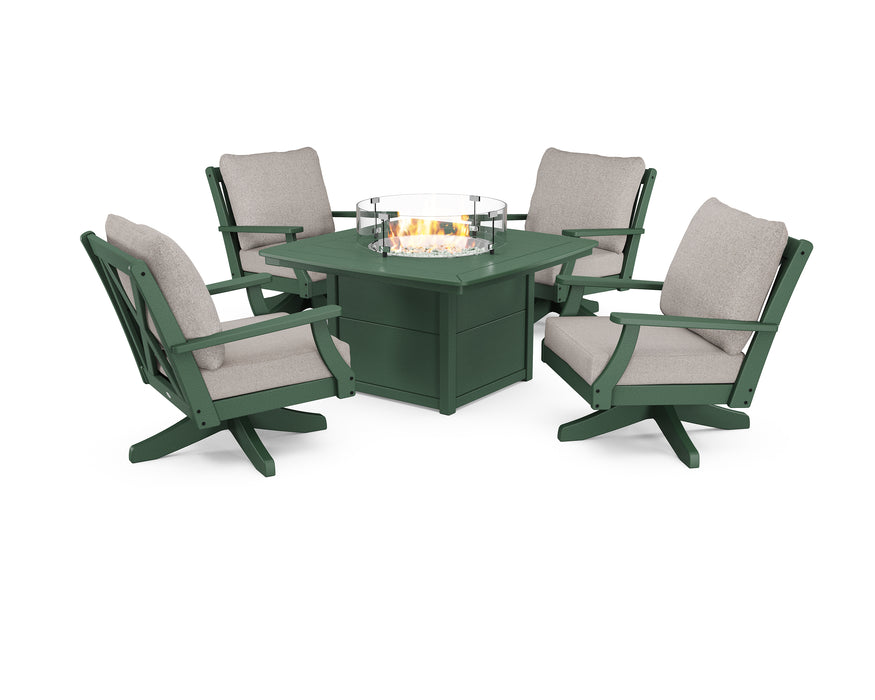 POLYWOOD Braxton 5-Piece Deep Seating Swivel Conversation Set with Fire Pit Table in Green / Weathered Tweed image