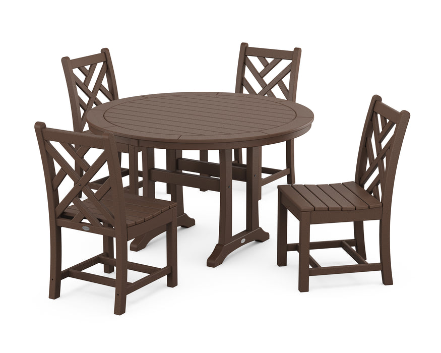 POLYWOOD Chippendale Side Chair 5-Piece Round Dining Set With Trestle Legs in Mahogany image