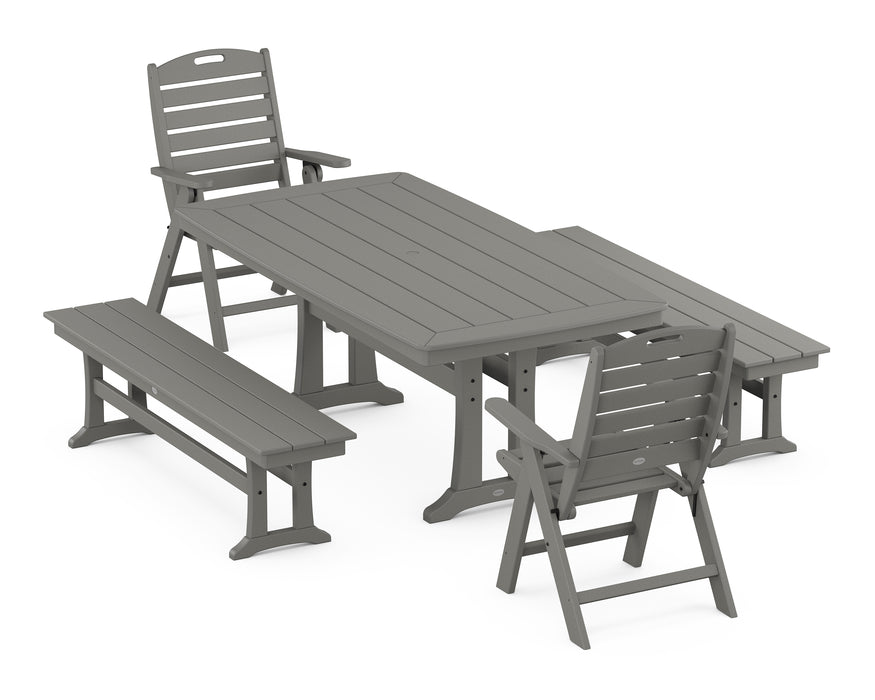 POLYWOOD Nautical Highback Chair 5-Piece Dining Set with Trestle Legs and Benches in Slate Grey image