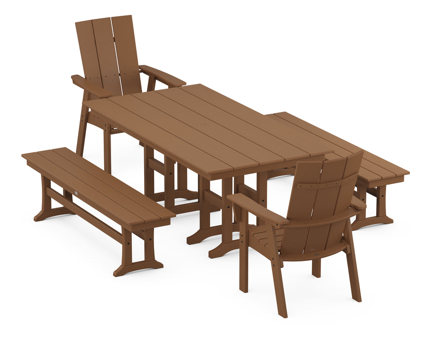 POLYWOOD Modern Curveback Adirondack 5-Piece Farmhouse Dining Set with Benches in Teak