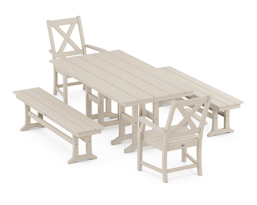 POLYWOOD Braxton 5-Piece Farmhouse Dining Set with Benches in Sand image