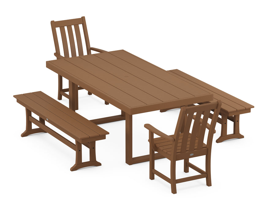 POLYWOOD Vineyard 5-Piece Dining Set with Benches in Teak