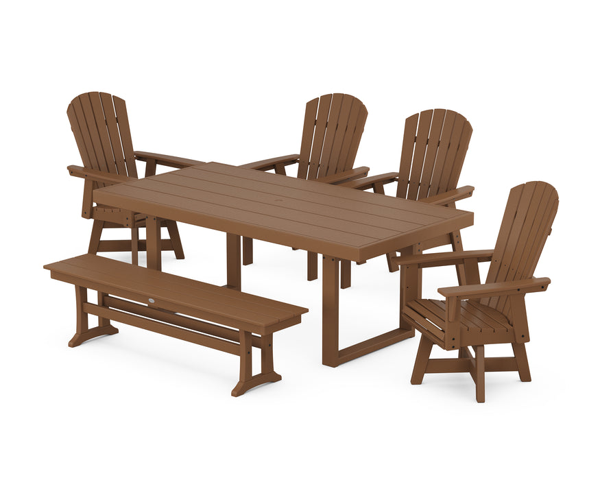 POLYWOOD Nautical Curveback Adirondack Swivel Chair 6-Piece Dining Set with Bench in Teak