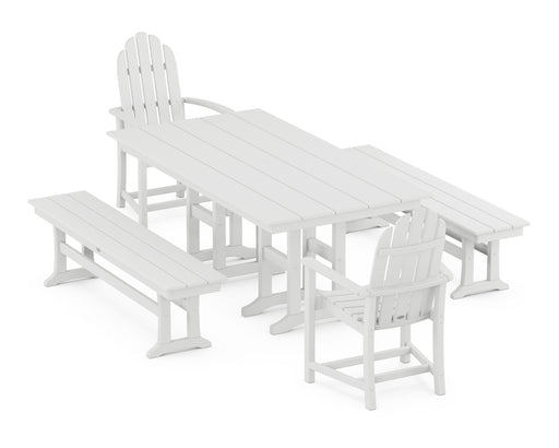 POLYWOOD Classic Adirondack 5-Piece Farmhouse Dining Set with Benches in White image