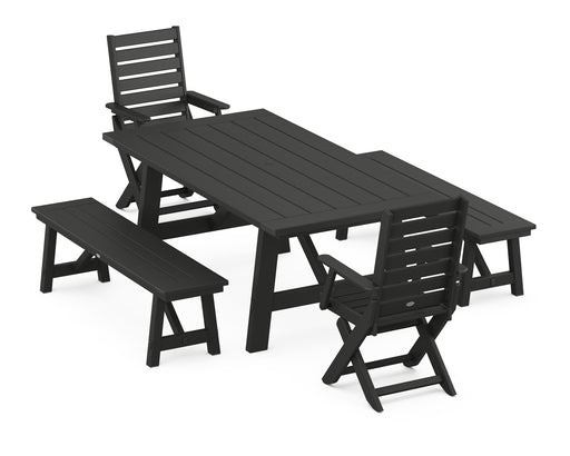 POLYWOOD Captain 5-Piece Rustic Farmhouse Dining Set With Benches in Black image