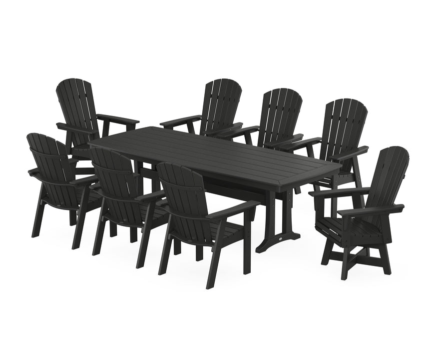 POLYWOOD Nautical Curveback Adirondack Swivel 9-Piece Dining Set with Trestle Legs in Black