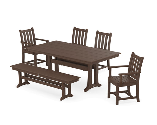 POLYWOOD Traditional Garden 6-Piece Farmhouse Dining Set with Trestle Legs and Bench in Mahogany image