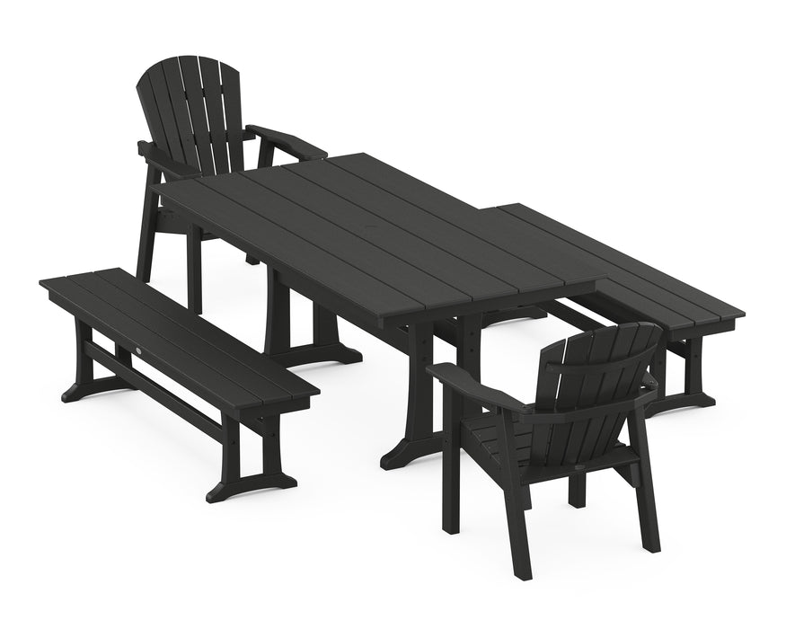 POLYWOOD Seashell 5-Piece Farmhouse Dining Set With Trestle Legs in Black