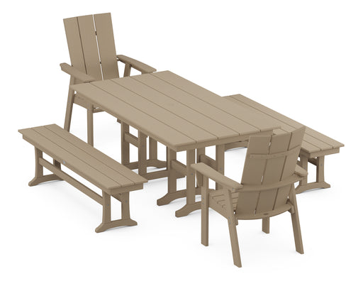 POLYWOOD Modern Curveback Adirondack 5-Piece Farmhouse Dining Set with Benches in Vintage Sahara image