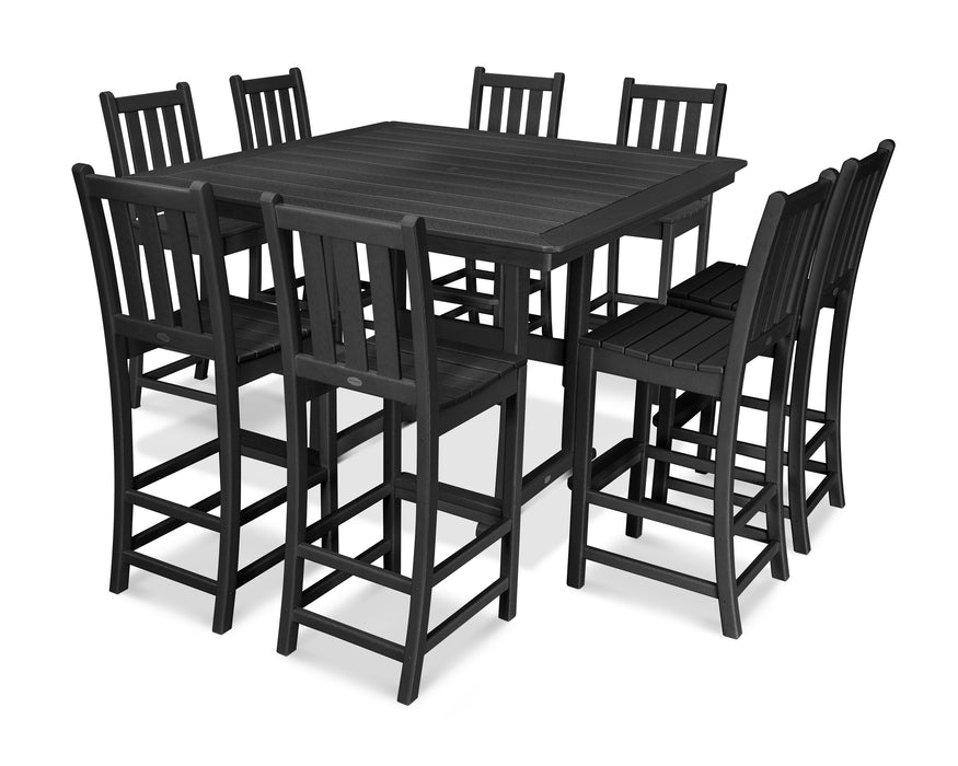 POLYWOOD Traditional Garden 9-Piece Nautical Trestle Bar Set in Black