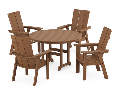 POLYWOOD Modern Curveback Adirondack 5-Piece Round Farmhouse Dining Set in Teak image