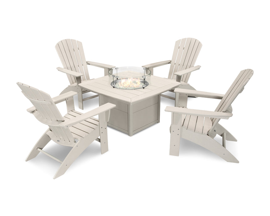 POLYWOOD Nautical Curveback Adirondack 5-Piece Conversation Set with Fire Table in Sand image