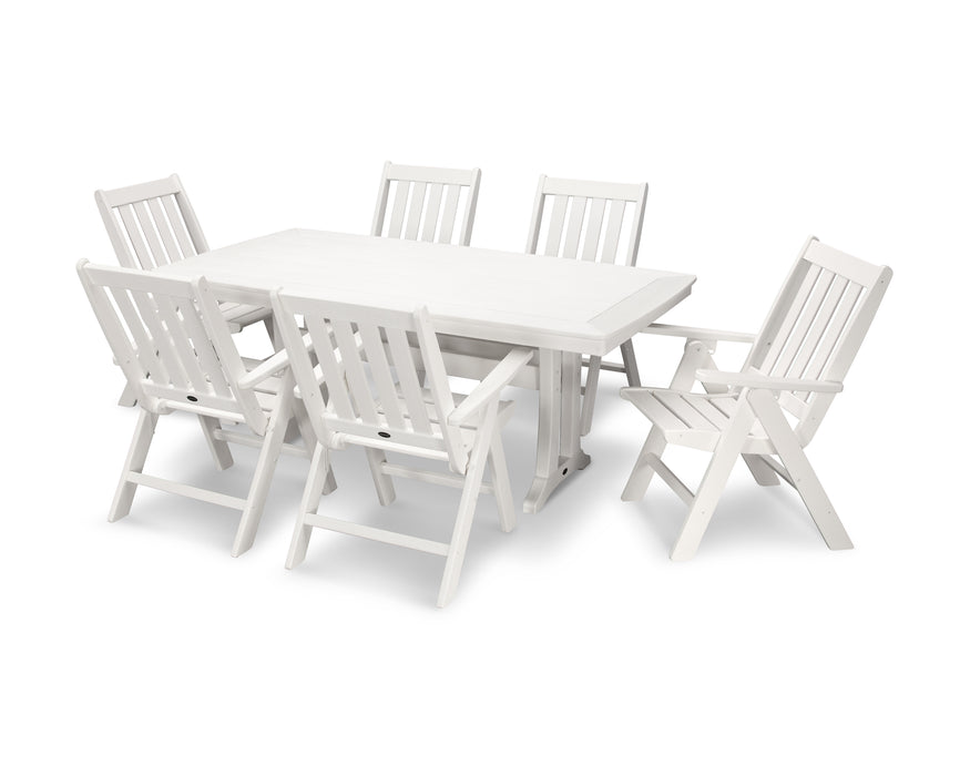 POLYWOOD Vineyard Folding Chair 7-Piece Nautical Dining Set with Trestle Legs in Vintage White