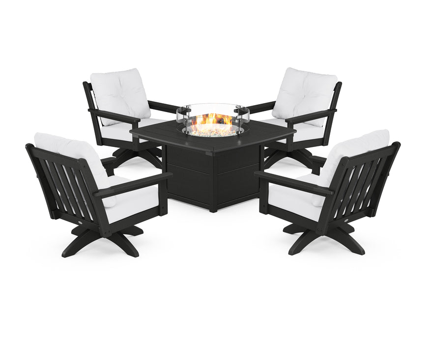 POLYWOOD Vineyard 5-Piece Deep Seating Swivel Conversation Set with Fire Pit Table in Black / Natural