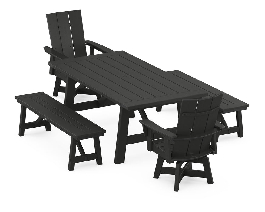 POLYWOOD Modern Curveback Adirondack Swivel Chair 5-Piece Rustic Farmhouse Dining Set With Benches in Black