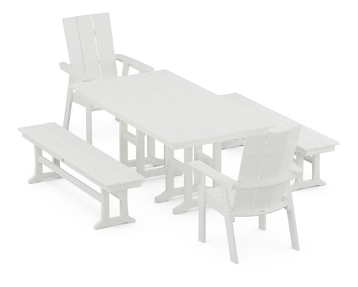 POLYWOOD Modern Curveback Adirondack 5-Piece Farmhouse Dining Set with Benches in Vintage White image