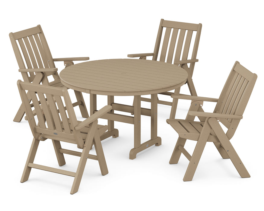 POLYWOOD Vineyard Folding Chair 5-Piece Round Famrhouse Dining Set in Vintage Sahara