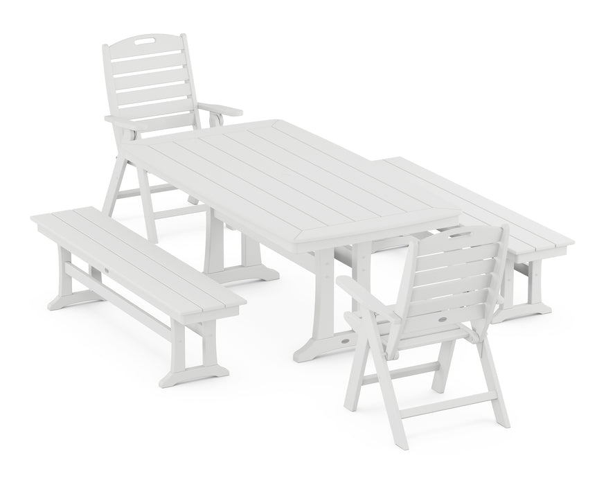 POLYWOOD Nautical Highback Chair 5-Piece Dining Set with Trestle Legs and Benches in White