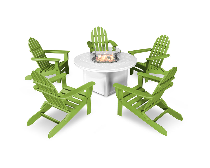 POLYWOOD Classic Folding Adirondack 6-Piece Conversation Set with Fire Pit Table in Lime / White image