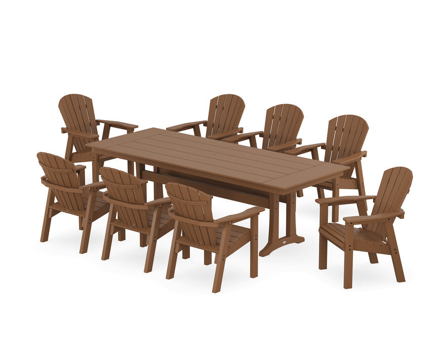 POLYWOOD Seashell 9-Piece Farmhouse Dining Set with Trestle Legs in Teak image